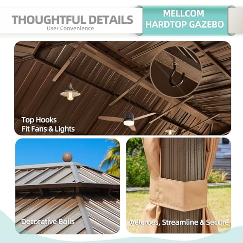 MELLCOM 12'x16' Hardtop Gazebo, Galvanized Steel Metal Double Roof Canopy with Curtains and Netting, Brown Permanent Pavilion Gazebos with Aluminum Frame for Garden, Patio, Lawns, Deck