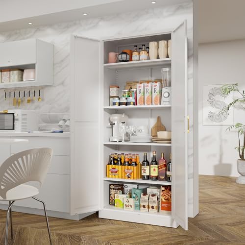 71" Tall Metal Storage Cabinet, Kitchen Pantry Storage Cabinets with Doors and 4 Shelves, White Pantry Cabinet, Utility Kitchen Cupboard, Large Steel Cabinets for Dining Room, Office, Living Room