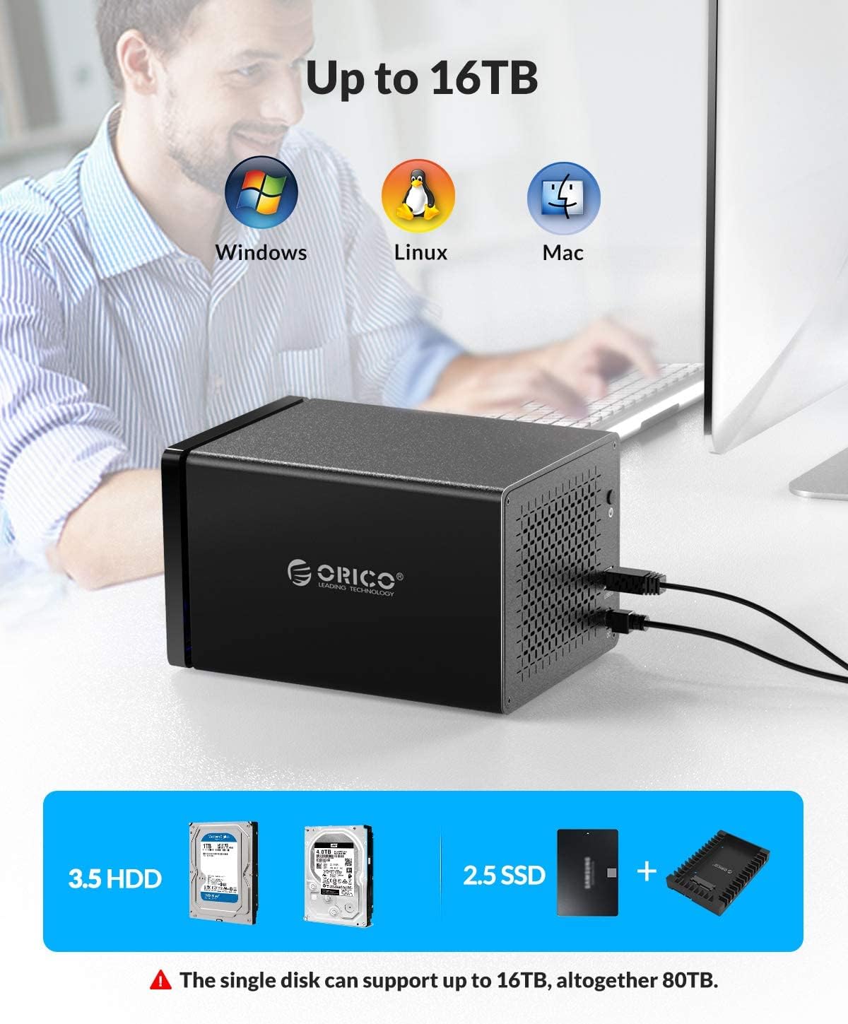 ORICO 5 Bay Raid Hard Drive Enclosure Magnetic Aluminum USB 3.0 to SATA for 3.5 inch HDD Tool Free Storage Case Support 7 RAID Modes Up to 80TB(5X16TB) - NS500RU3