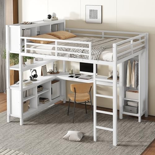 Linique Metal Loft Bed with Wardrobe & L-Shaped Desk - Sturdy Space-Saving Loft Bed Includes Storage Cubes, Shelves for Kids, Teens, Adults (White, Queen)