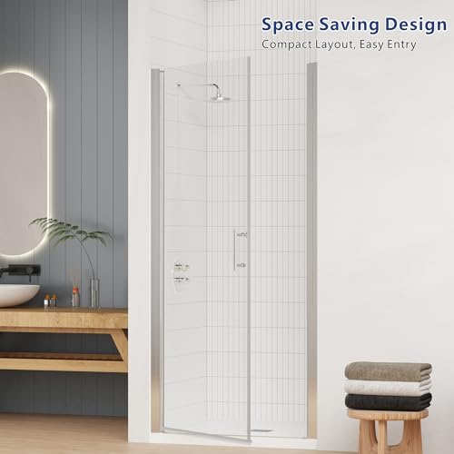 Shower Doors 32 in.W X 72 in.H Semi Frameless Hinged Pivot Swing Shower Door, SGCC Tempered Clear Glass, Reversible Installation, Chrome Finish