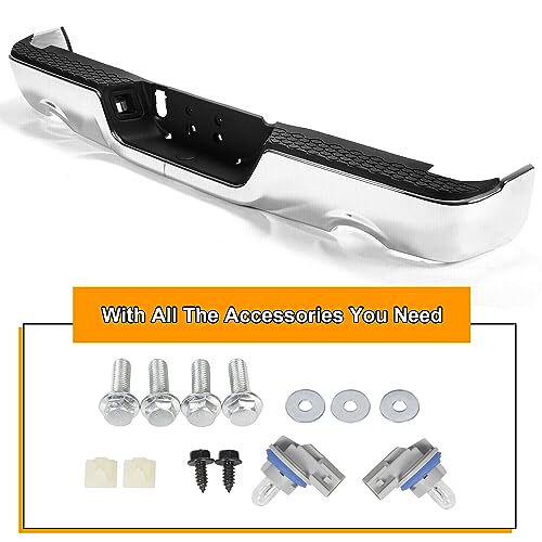 Rear Bumper Compatible with 2009-2018 Dodge Ram 1500, 2019 Ram 1500 Classic, Step Bumper with Parking Sensor Hole&Vent Hole, Chrome Bar Assembly (Model B)