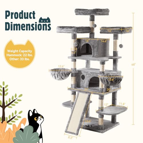 HOOMIC 68-Inch Multi-Level Cat Tree Tower for Large Cats/Cat Condo/Cozy Plush Cat Perches/Sisal Scratching Posts/Baskets/Wide Base Board/Cat Activity Center/Beige