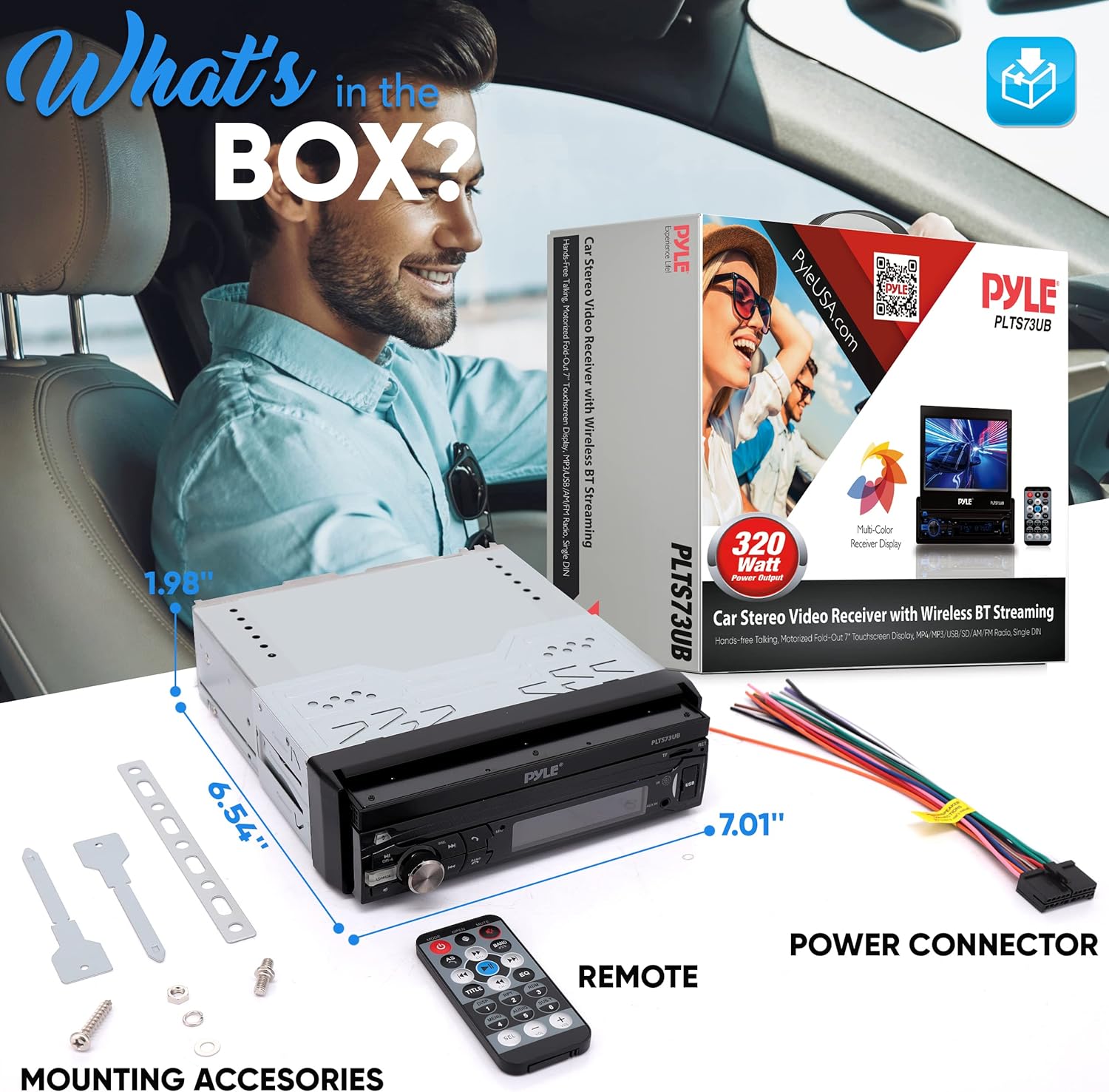 Pyle Car Stereo Video Receiver - Multimedia Player, BT Wireless Streaming, Hands-Free Talking, Motorized Fold-Out 7" Touchscreen Display, MP4/MP3/USB/SD/AM/FM Radio, Single DIN - PLTS73UB.5