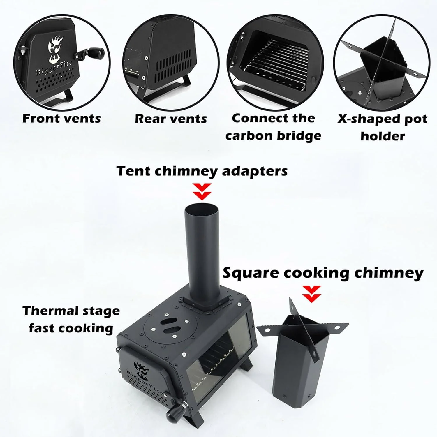 Wood Burning Stove with Fire Window,Portable Hot Tent Stove with 7 Sectional Chimney Pipes,Sturdy Camping Wood Stove with X-shaped Pot Holder for Outdoor Backpacking,Cookout,Hiking and Heating