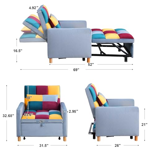 Sofa Chair Pull-Out Bed with Adjustable Backrest, 3 in 1 Convertible Multi-Function Folding Ottoman Couch with Pillow for Living Room Apartment Small Space, Grey