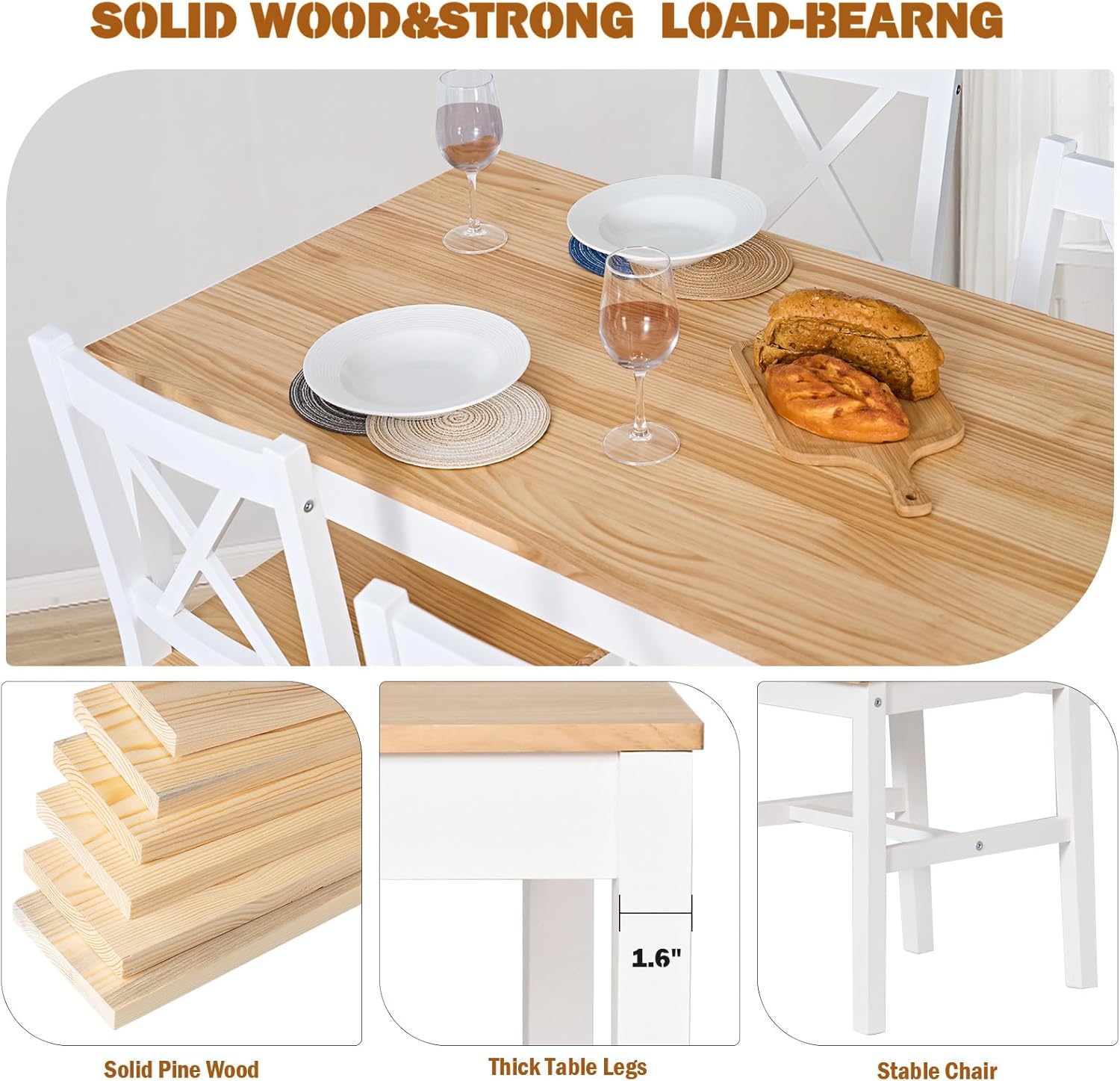 sogesfurniture Kitchen Table and Chairs for 4, Space-Saving 5-Piece Wood Kitchen Dining Table Set with 4 Chairs for Kitchen Dining Room Restaurant Small Space, White&Oak