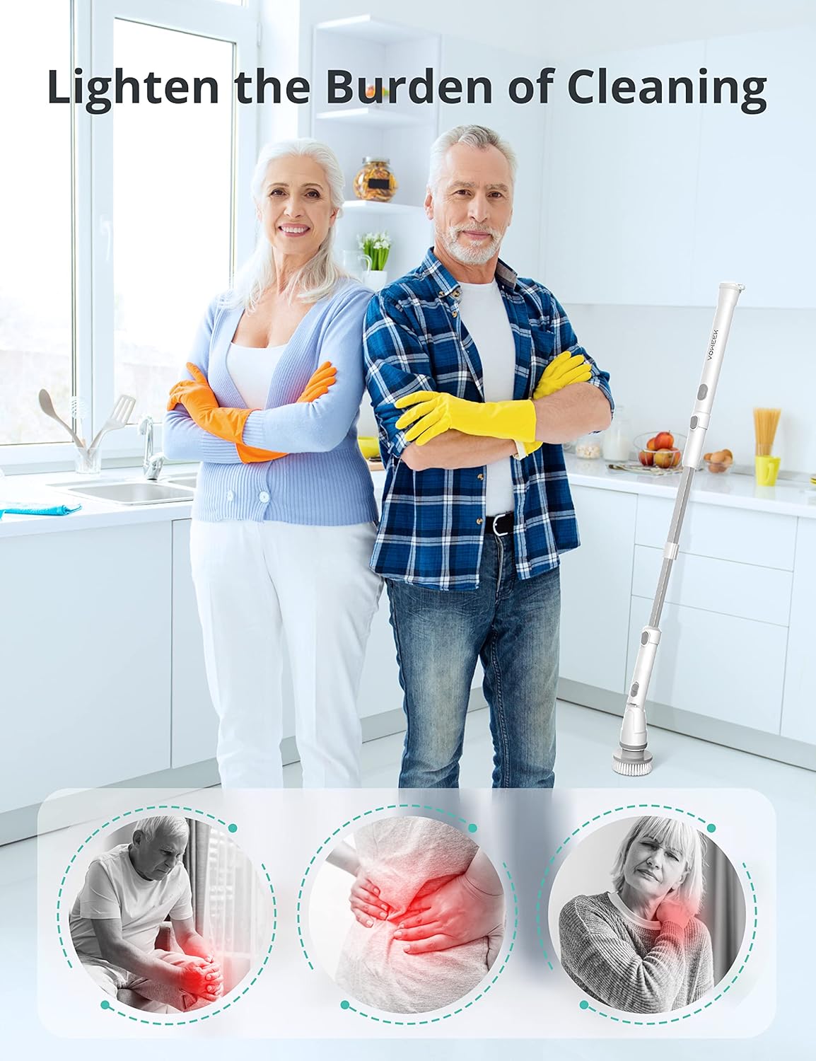 Electric Spin Scrubber, Voweek Cordless Cleaning Brush with Adjustable Extension Arm 4 Replaceable Cleaning Heads, Power Shower Scrubber for Bathroom, Tub, Tile, Floor Pack of 2