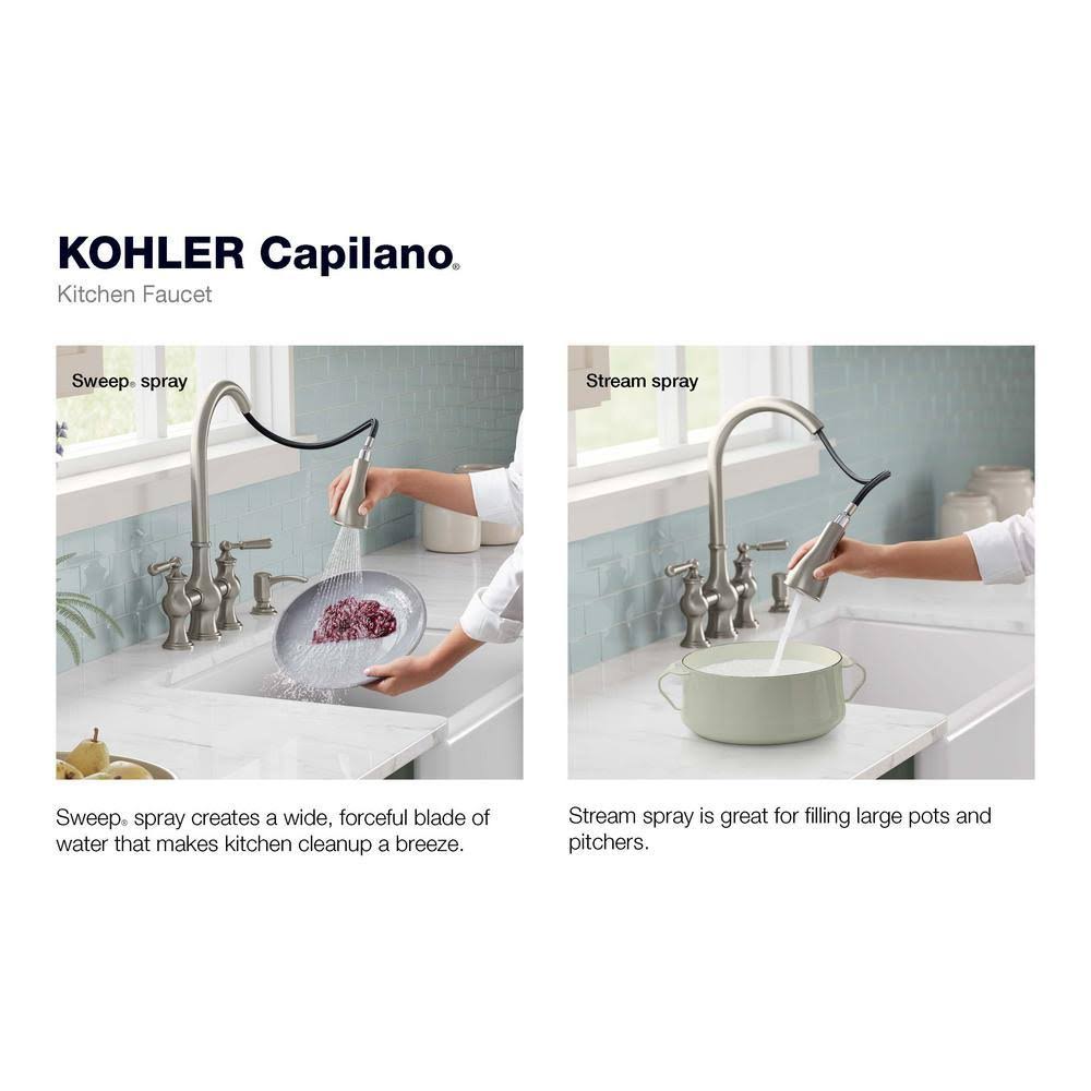 Kohler Capilano 2-Handle Bridge Farmhouse Pull-Down Kitchen Faucet with Soap Dispenser
