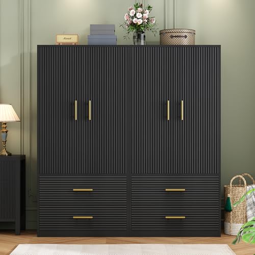 Armoire Armoire Wardrobe Closet with 2 Wave Doors, Storage Closet Cabinet with 2 Drawers, Hanging Rod, Freestanding Wooden Closet for Bedroom(White)