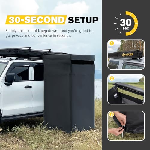BUNKER INDUST Vehicle Side Shower Tent with Roof, Car Portable Privacy Shower Bathroom, Outdoor Camping Awning Shower Room Waterproof, Built-in LED Light for Night, Black