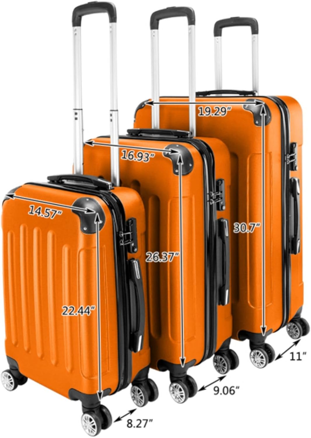 3 Piece Set Luggage, Hardside Roller Suitcase 20"" / 24"" / 28"" Set, PC ABS Carry on Luggage with Spinner, Rolling Carry-On Trolley Case, Orange, Blue