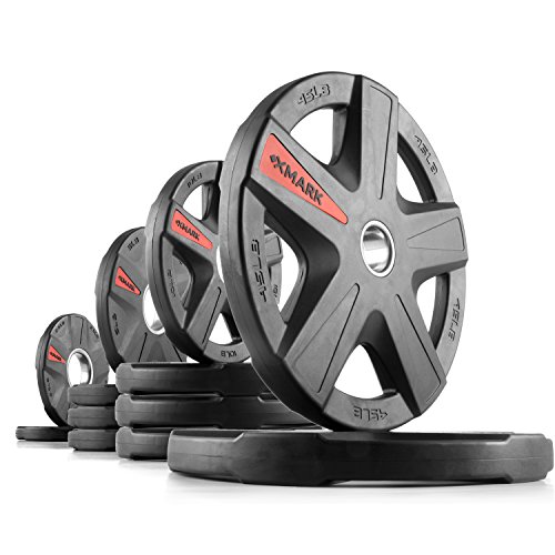 XMark TEXAS STAR Olympic Weight Plate Sets with XMark Olympic Weightlifting Bar, 2-inch Rubber Coated Olympic Grip Plate Set With 7’ Olympic Bar, Great for Home Gyms