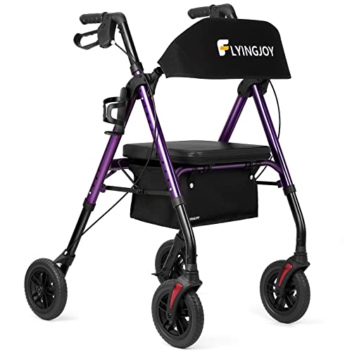 Rollator Walker Blue 8" Large 4 Wheels Rollator Walkers for Seniors with Seat Locking Brakes Adjustable Seat and Arms Aluminum Medical Walker Foldable Removable Back Support 300 lbs