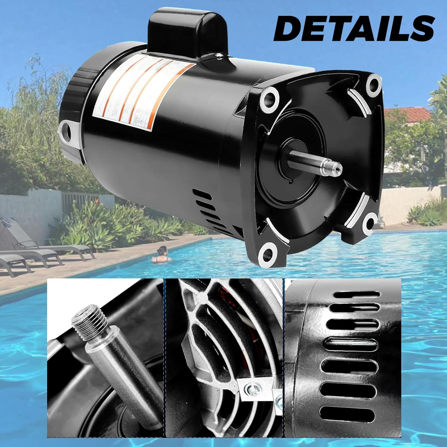 B2853 Pool Pump Motor 1HP Fits for Sta-Rite, Hydro-Tech, Premier, Aquaflo, Red jacket, Sears, Pac Fab and Pentair Pumps. 230/115V, for 56Y Frame, Square Flange Pool Motor