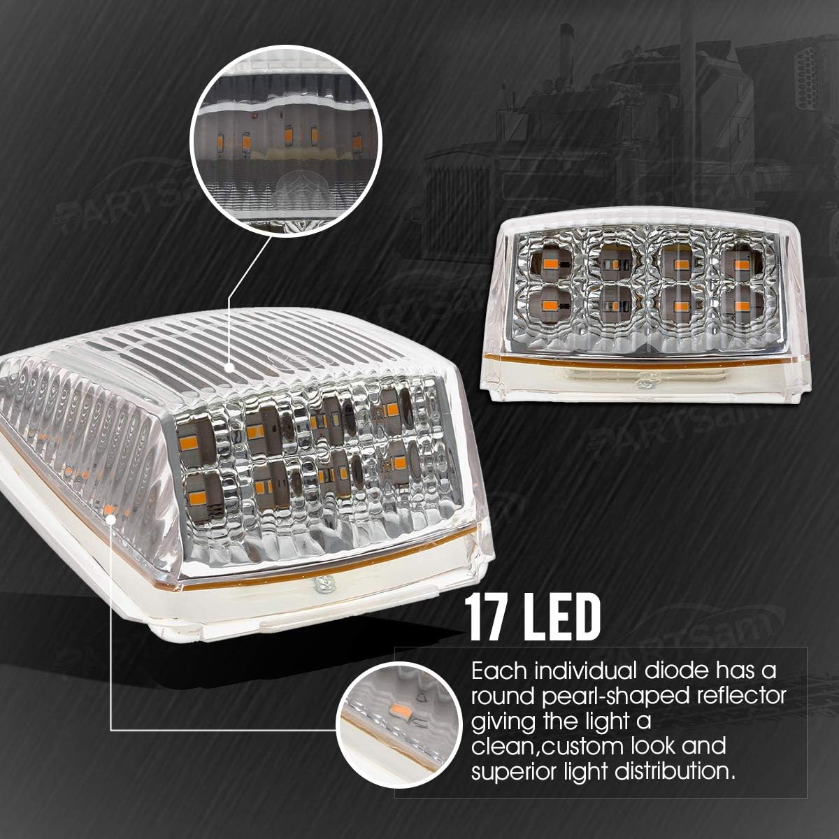 Partsam 5pcs 17 LED Clear Lens 5*3.75 Amber Cab Marker Top Roof Running Truck Cab Light Waterproof Top Reflective Lights Compatible with Peterbilt/Kenworth/Freightliner/Mack/