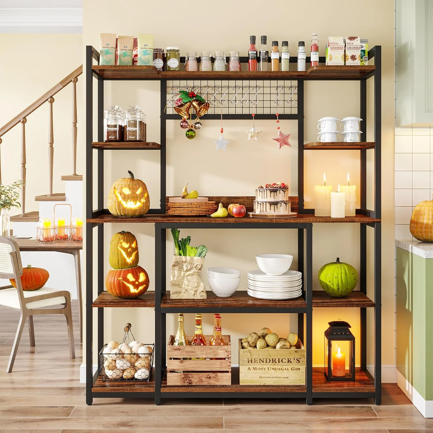 Tribesigns Large Bakers Rack, 55" Wide Kitchen Hutch Cabinet Microwave Stand with 11 Hooks, 5-Tier Baker's Rack Kitchen Storage Shelf Rack with Hutch, Rustic Brown