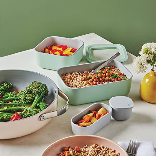 Caraway Glass Food Storage Set, 14 Pieces - Ceramic Coated Food Containers - Easy to Store, Non Toxic Lunch Box Containers with Glass Lids - Includes Storage Organizer & Dot & Dash Inserts - Mist