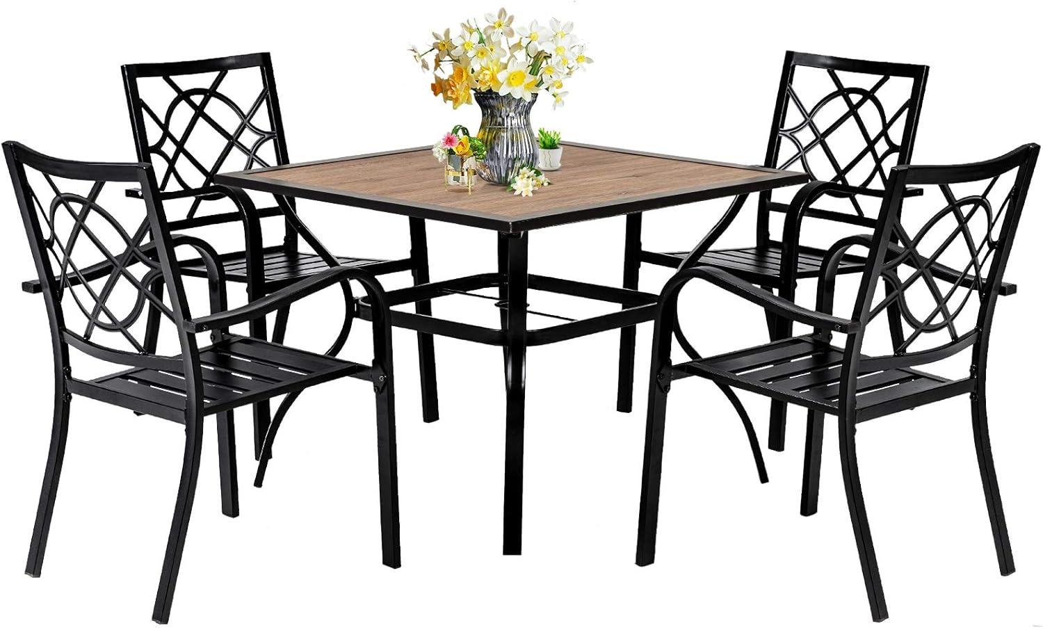 SUNCROWN 5-Piece Outdoor Wrought Iron Chairs and Table Patio Dining Furniture Set - 4 Stackable Metal Chairs and 1 Square Steel Slat Bistro Table with 1.57" Umbrella Hole for Backyard Garden Deck