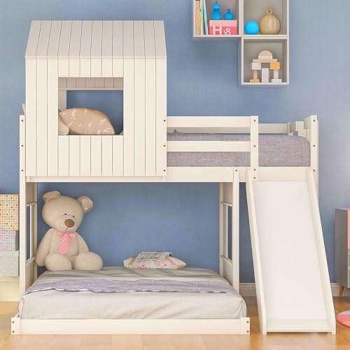 Harper & Bright Designs House Floor Bunk Beds with Slide, Wooden Twin Over Full Bunk Beds with Slide, Roof and Guard Rail for Kids, Teens, No Box Spring Needed (White, Twin Over Full Size)