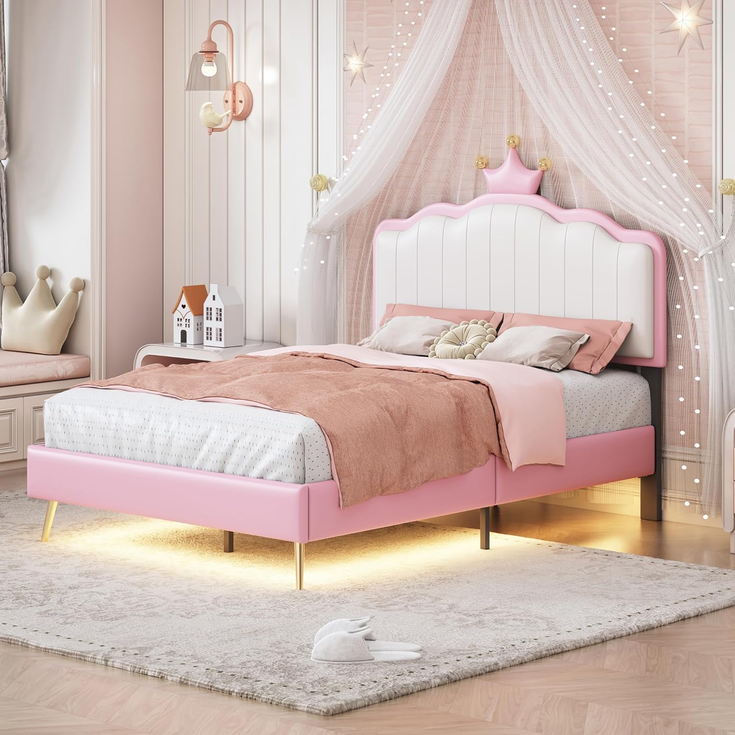 P PURLOVE Twin Upholstered Platform Bed with Light Strips and Golden Metal Legs, Wooden Platform Bed Frame with Footboard and Crown Headboard, PU Leather Princess Bed for Girls (White and Pink)