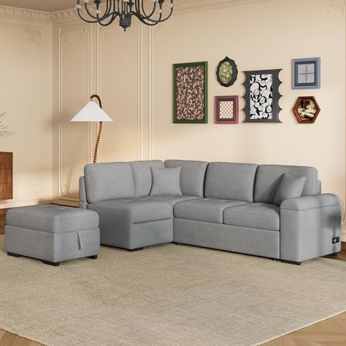 Folding Sleeper Living Room,Modular Sectional Pull, L-Shape Couch Corner Sofa-Bed Ottoman & Hidden Arm Storage & USB Charge,Dark Gray