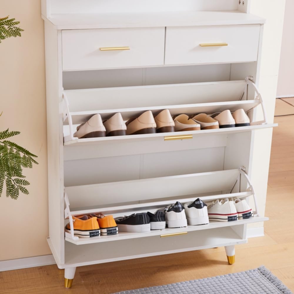 Hommoo Multi-Functional Entryway Armoire - Wardrobe Closet with Drawers, Shelves, and Shoe Storage, Elegant White Design