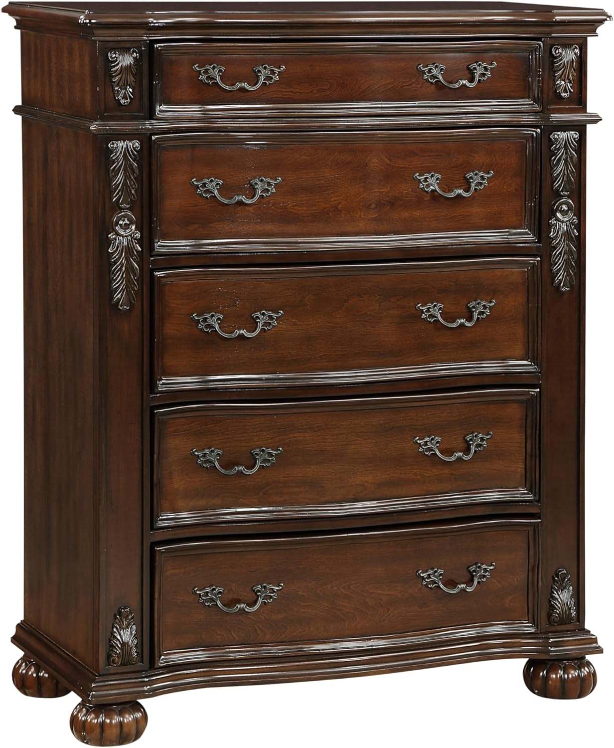 Classic Traditional 1pc Chest of 5 Drawers Cherry Finish Formal Bedroom Furniture Carving Wood Design
