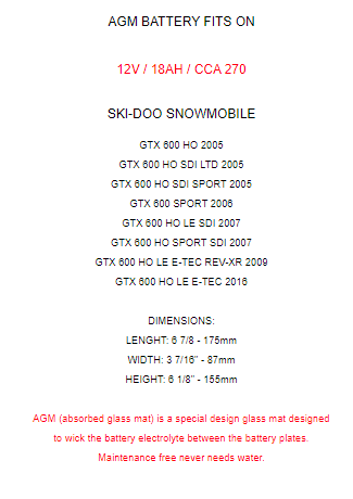 AGM Battery for Skidoo GTX 600 HO Sdi Le Sport 2005 2006 2007 2009 2016