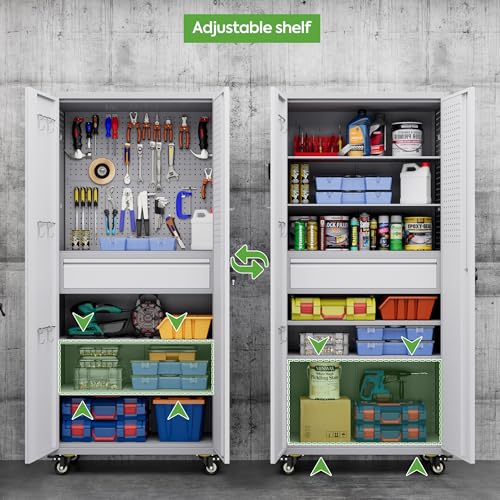 73" H Metal Storage Cabinet with Wheels, Garage Storage Cabinet with 4 Adjustable Shelves and Lockable Doors for Garage Home Office Utility Room,Required Assembly,Black