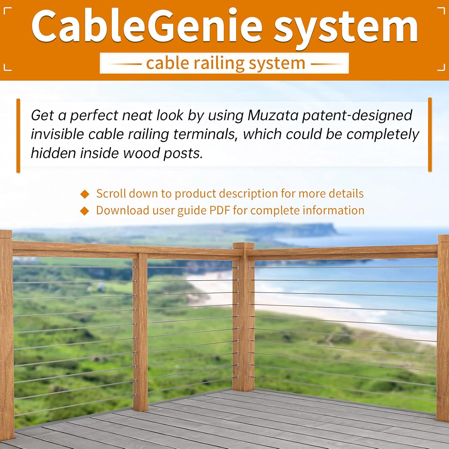Muzata 40Pack 3/16" Invisible Cable Railing Kit Swage Lag Screw Tensioner CableGenie System Completely Hidden for Wire Rope Wood Posts T316 Stainless Steel 20 Cable Line CR99, CV1 CG1