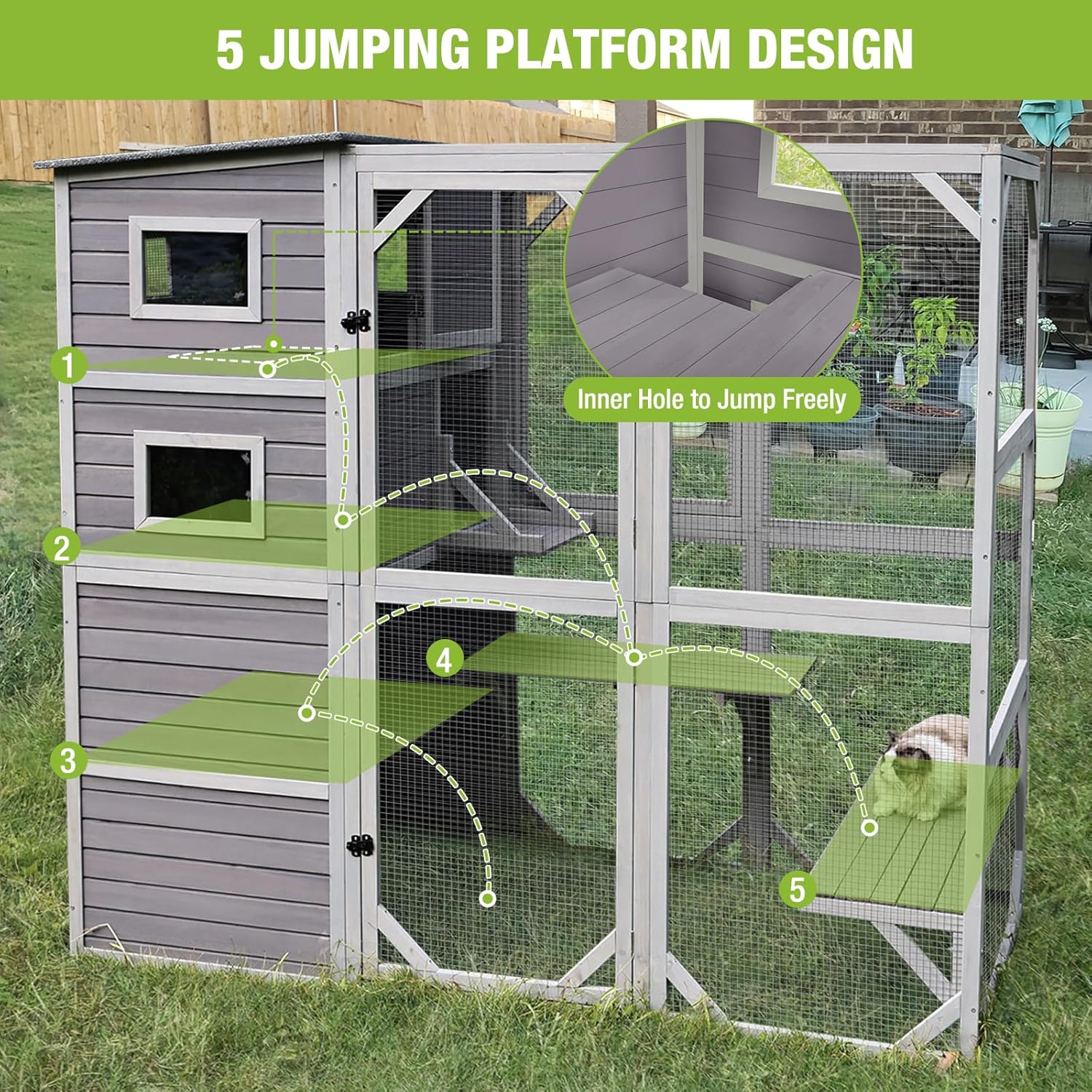 Large Cat Catio Kitty House wih 4 Tiers Cat House for Outdoor Cats Waterproof roof Cat Enclosures,77 Inch