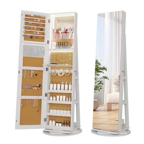 Vlsrka 360° Swivel Jewelry Cabinet with Lights, Jewelry Armoire with Full Length Mirror, Large Jewelry Armoire Organizer, Lockable Free Standing Mirror with Storage, Rear Storage Shelves, Black