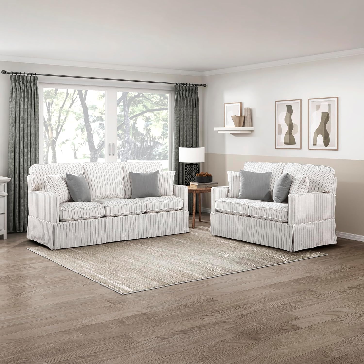 Lexicon Modern Living Room Furniture Set, Couches for Living Room, 2-Piece Couch Set Including Sofa, Loveseat with Solid Wood Frame, White with Stripe