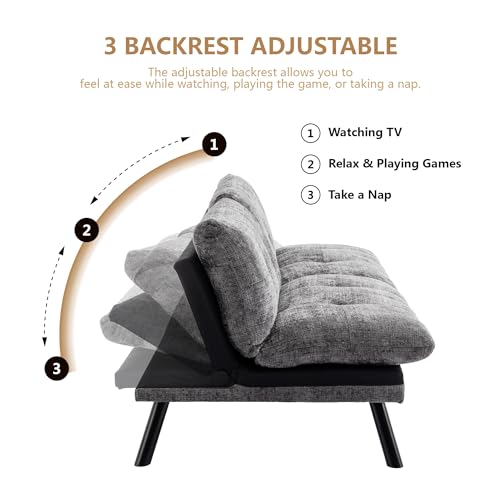 Convertible Futon Sofa Bed, Modern Folding Sleeper Loveseat, Polyester Fabric Memory Foam Adjustable Lounge Couch for Compact Living Space, Dark Gray