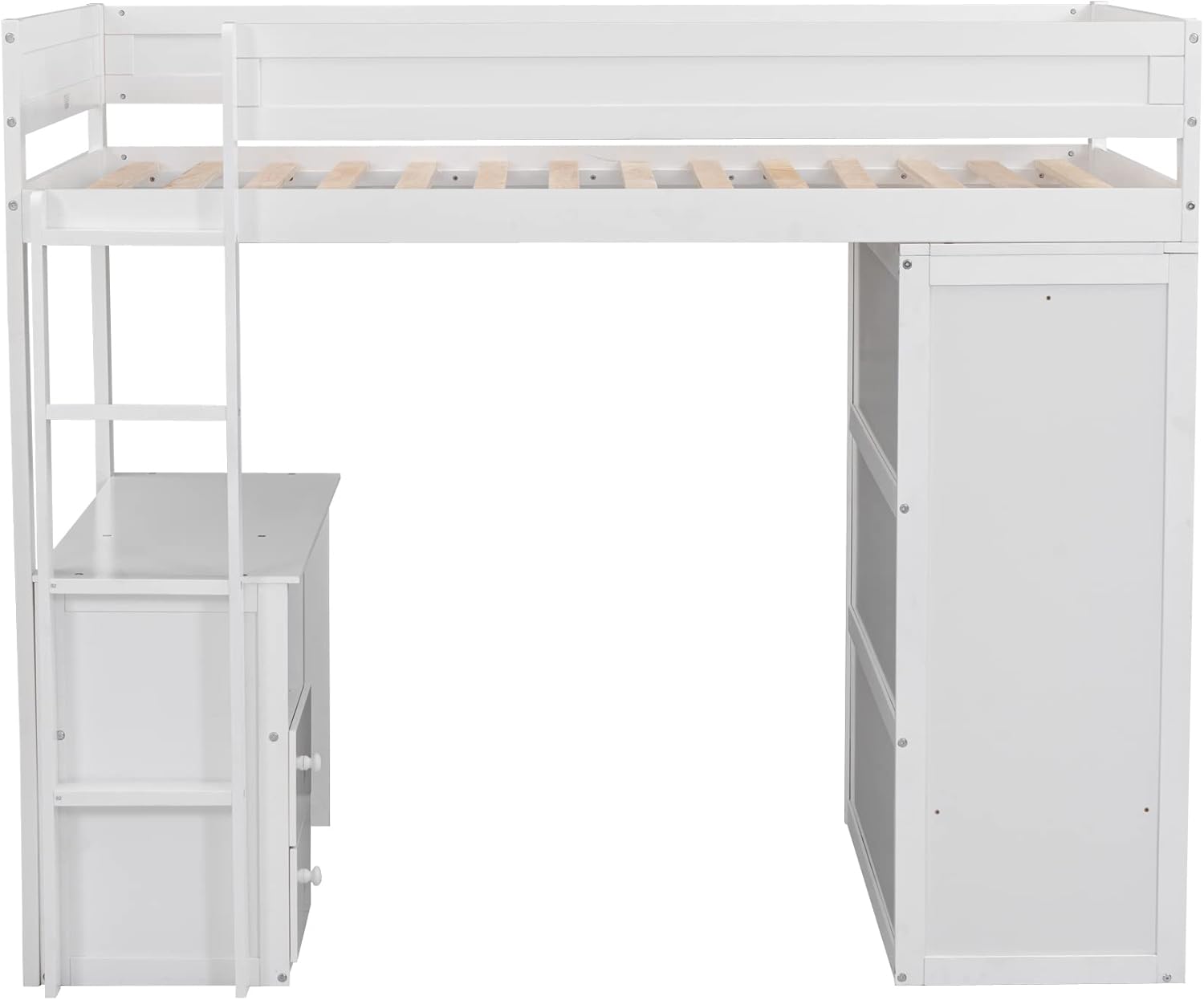 Modern Twin Loft Bed with Desk and Wardrobe, Wooden Twin Size Loft Bed with Storage Drawers for Girls Boys Teens,No Box Spring Needed, White