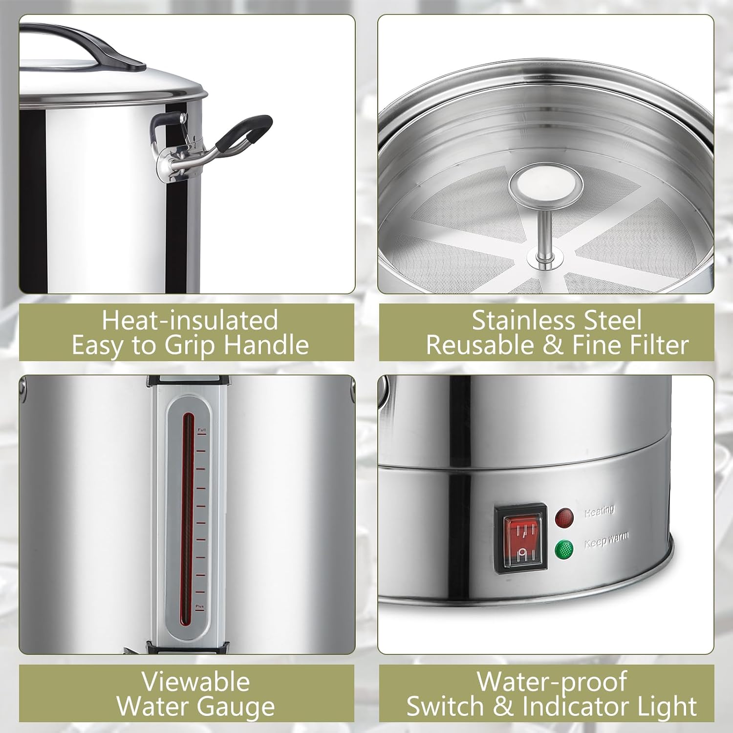 Commercial Coffee Urn 24L 160Cup Stainless Steel Quick Brew Hot Dispenser for Catering, Commercial Grade Large Capacity Coffee Maker For Meeting Rooms, Church, School, Stainless Steel
