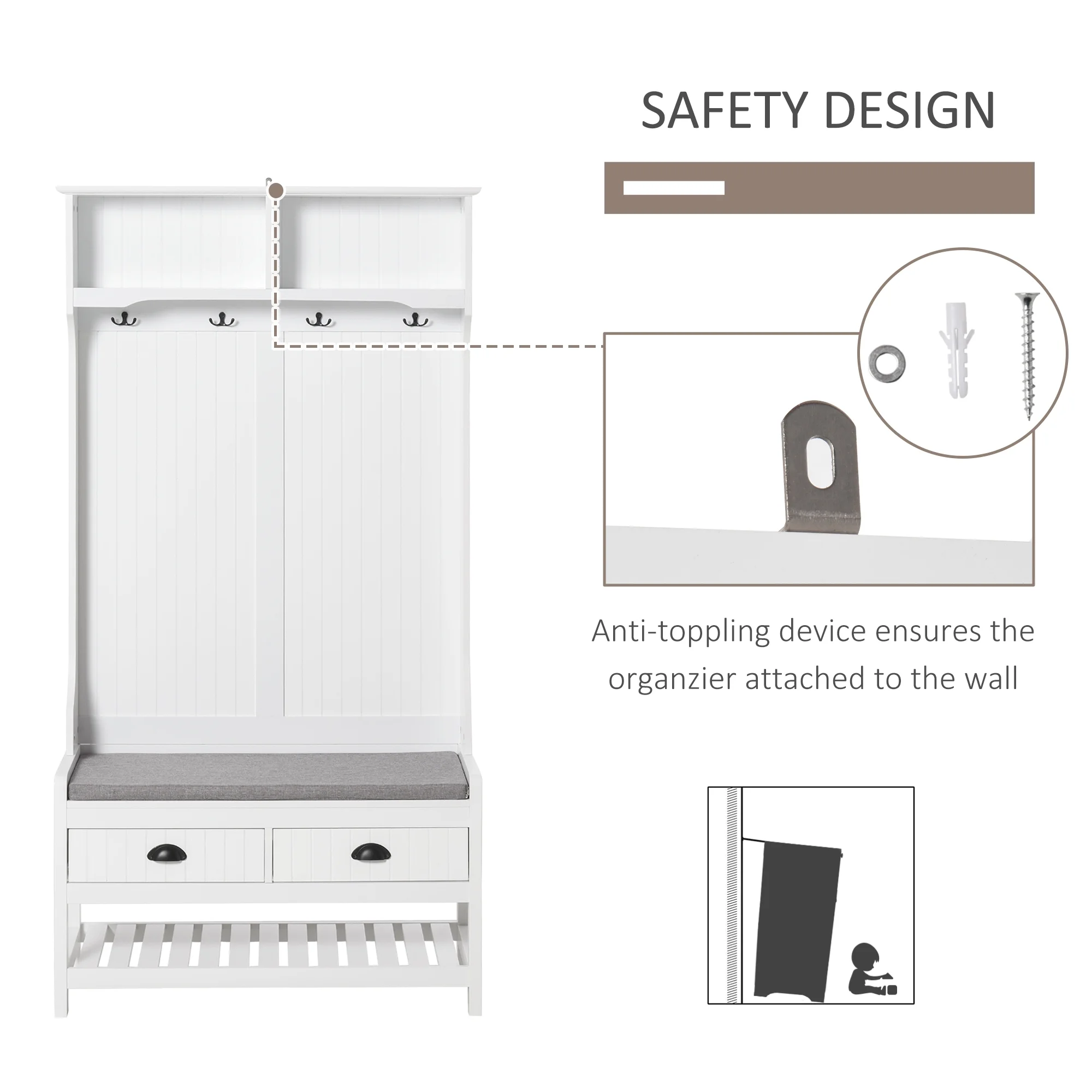 HOMCOM Hall Tree, Coat Rack and Bench Seat with 4 Hooks, 2 Drawers, White