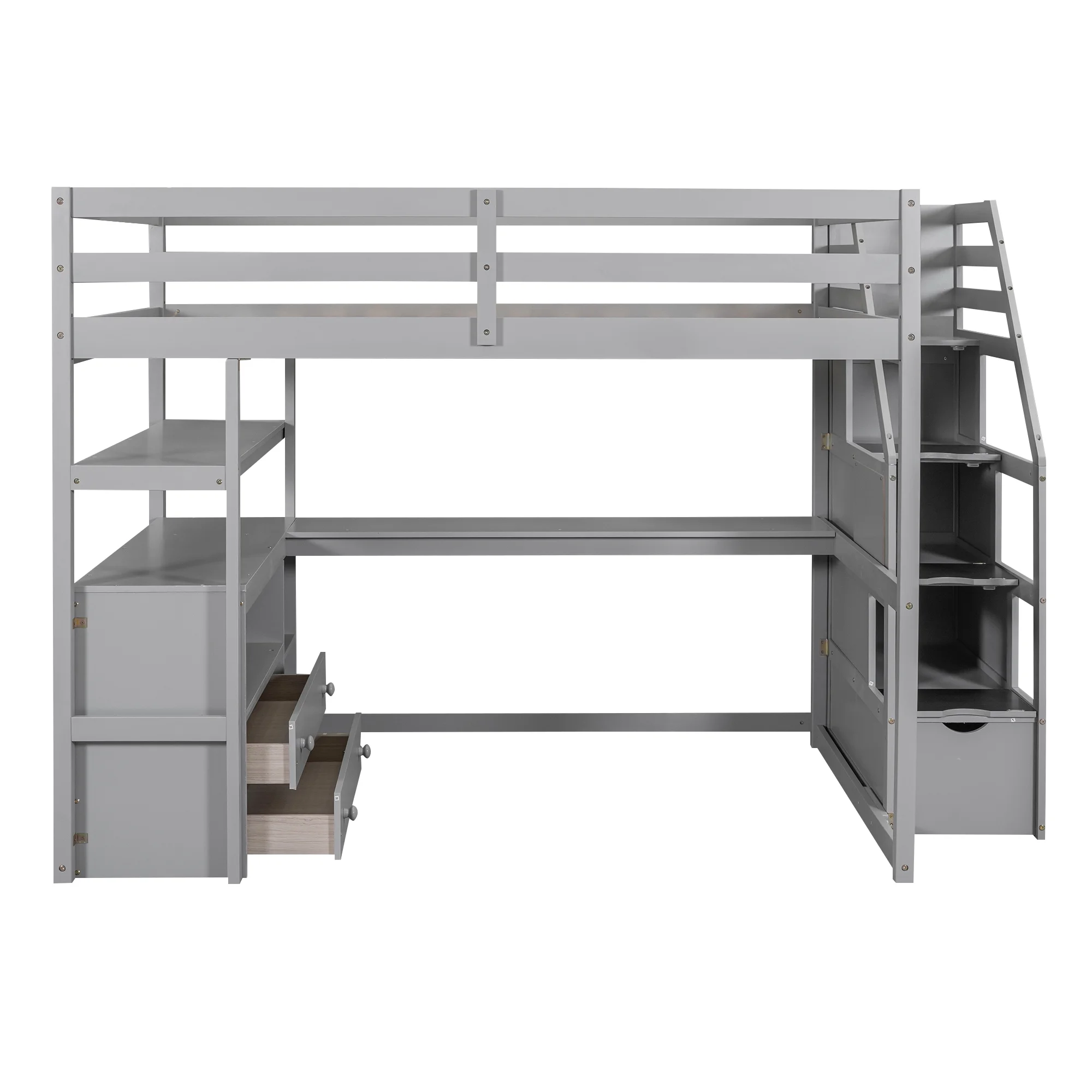 Loft Bed with Desk & Storage Stairs Wood Loft Beds with Two Built-in Drawers, High Loft Bed Frame with Step for Kids, Juniors, Boys and Girls No Box Spring Needed & Space Saving (Full)