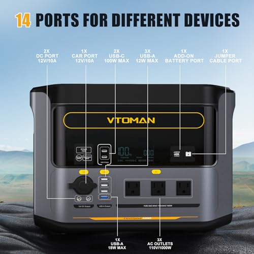 VTOMAN FlashSpeed 1000 Portable Power Station UPS LiFePO4 Battery Generator, 70Min Fully Charged, 1000W(Peak 2000W), 14 Output Ports for Vehicle Emergency, Road Trip, Camping Generator