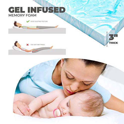 Roll Up Travel Mattress, CertiPUR-US 3” Cooling Gel Infused Memory Foam Sleeping Pad, Portable Foldable Floor Mat for Camping, Car & Bed Topper w/Waterproof Cover, Carry Bag | Kids, Cot, Single, Twin