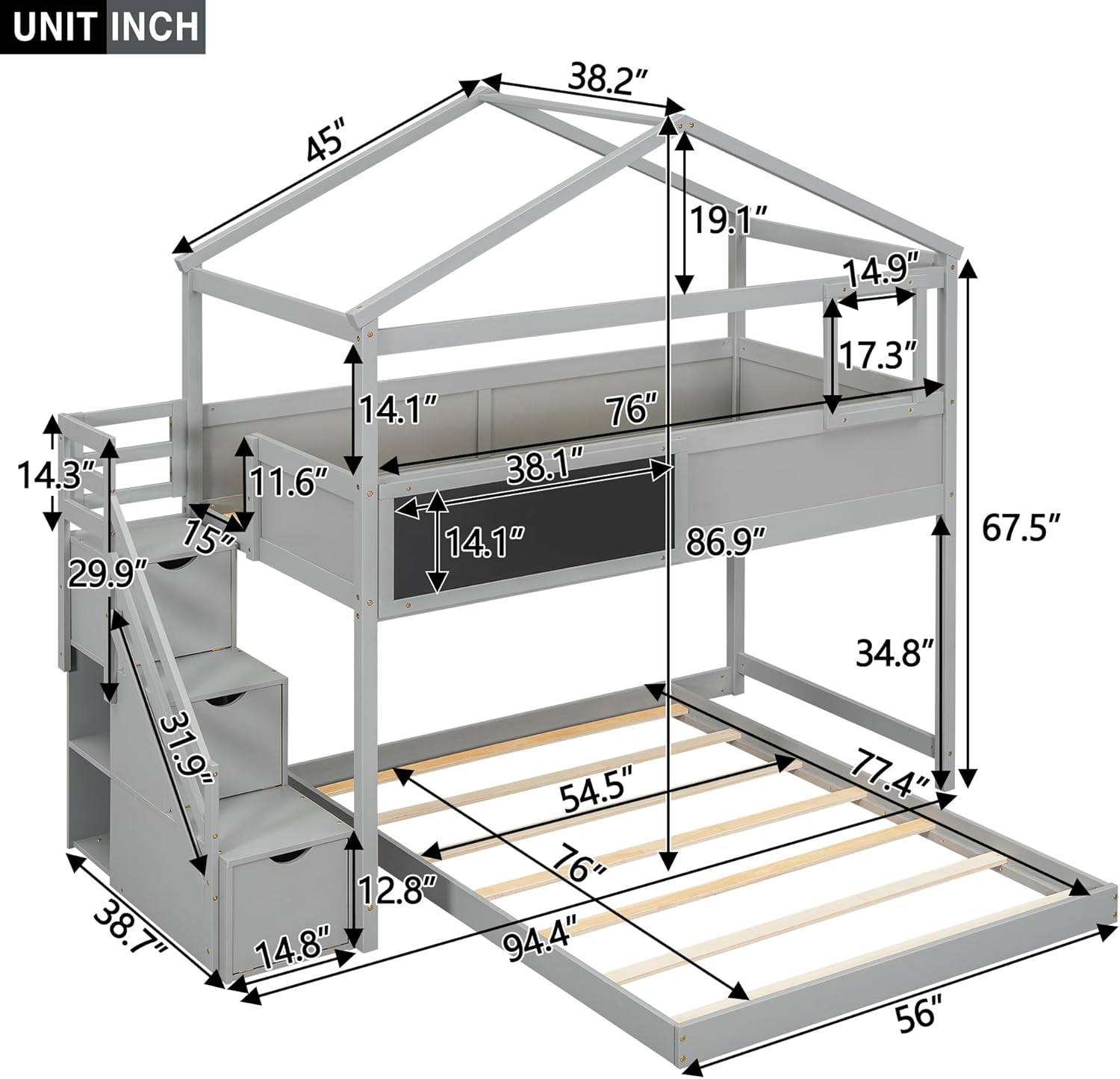 L-Shaped Twin Over Full House Bunk Bed with Storage Stairs and Blackboard, Wood Playhouse Bunk Beds with Roof and Guardrails for Kids Boys Girls Teens, Gray