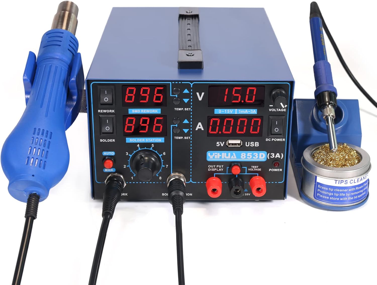 YIHUA 853D USB 3A-Three Tools- Soldering Station, Hot Air Rework Station and Power Supply 0~3A, 0-15V with output and test modes. Also oC/��F display, Digital Cal, Sleep Function