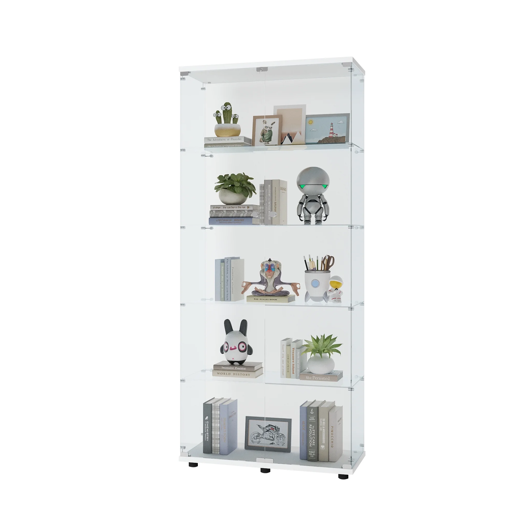 5-Shelf Glass Display Cabinet, Display Cabinet with Two Door, Fast Installation, Floor Standing Curio Cabinets Bookshelf Display Case for Living Room Bedroom, Trophy Case with Handle&Lock, White