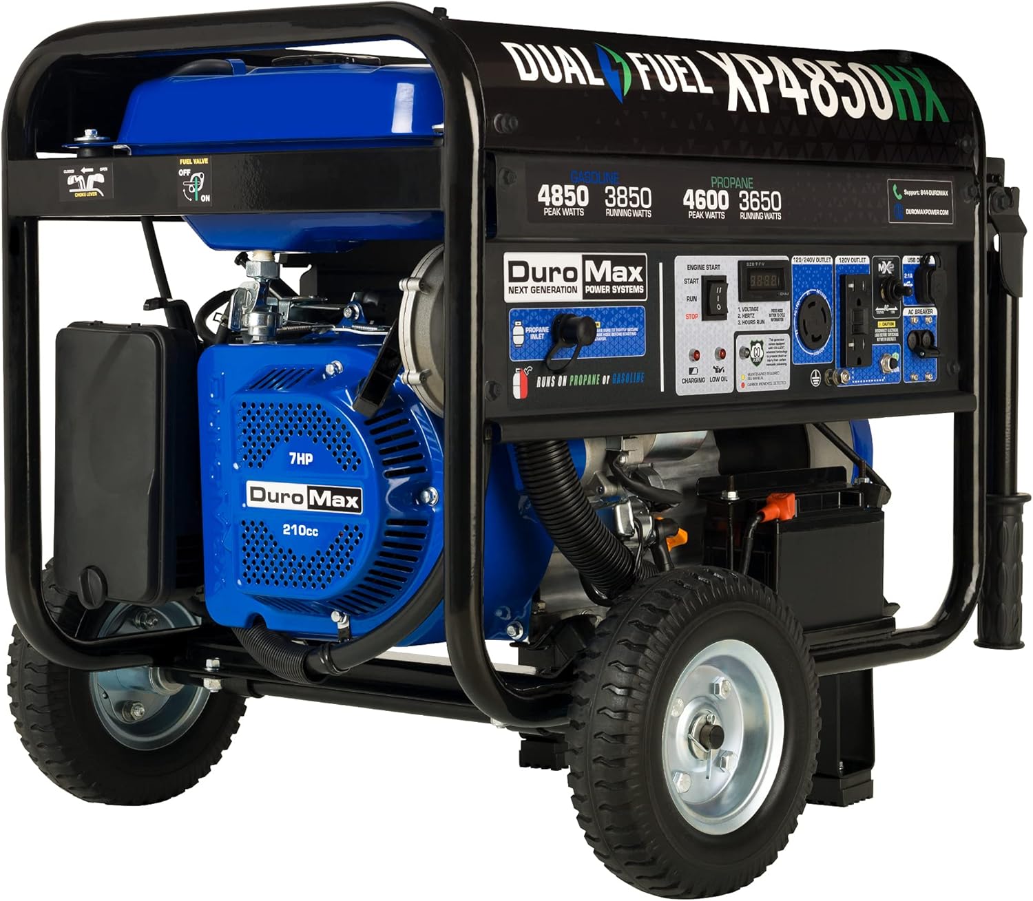 DuroMax XP5500HX Dual Fuel Portable Generator-5500 Watt Gas or Propane Powered Electric Start w/CO Alert, 50 State Approved, Blue