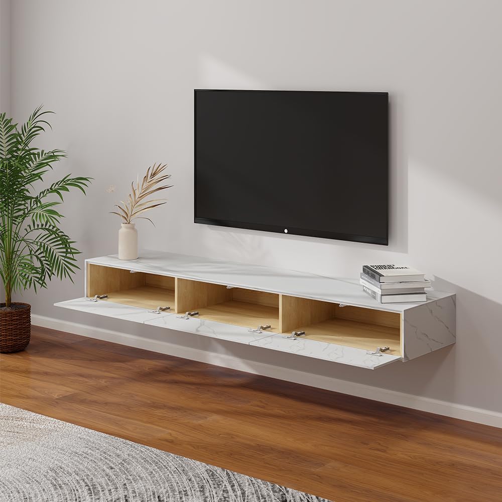 POVISON Floating TV Stand, 70.87 inch White Modern TV Stand with 3 Drawers,Sintered Stone Floating Entertainment Center, Minimalist TV Stand