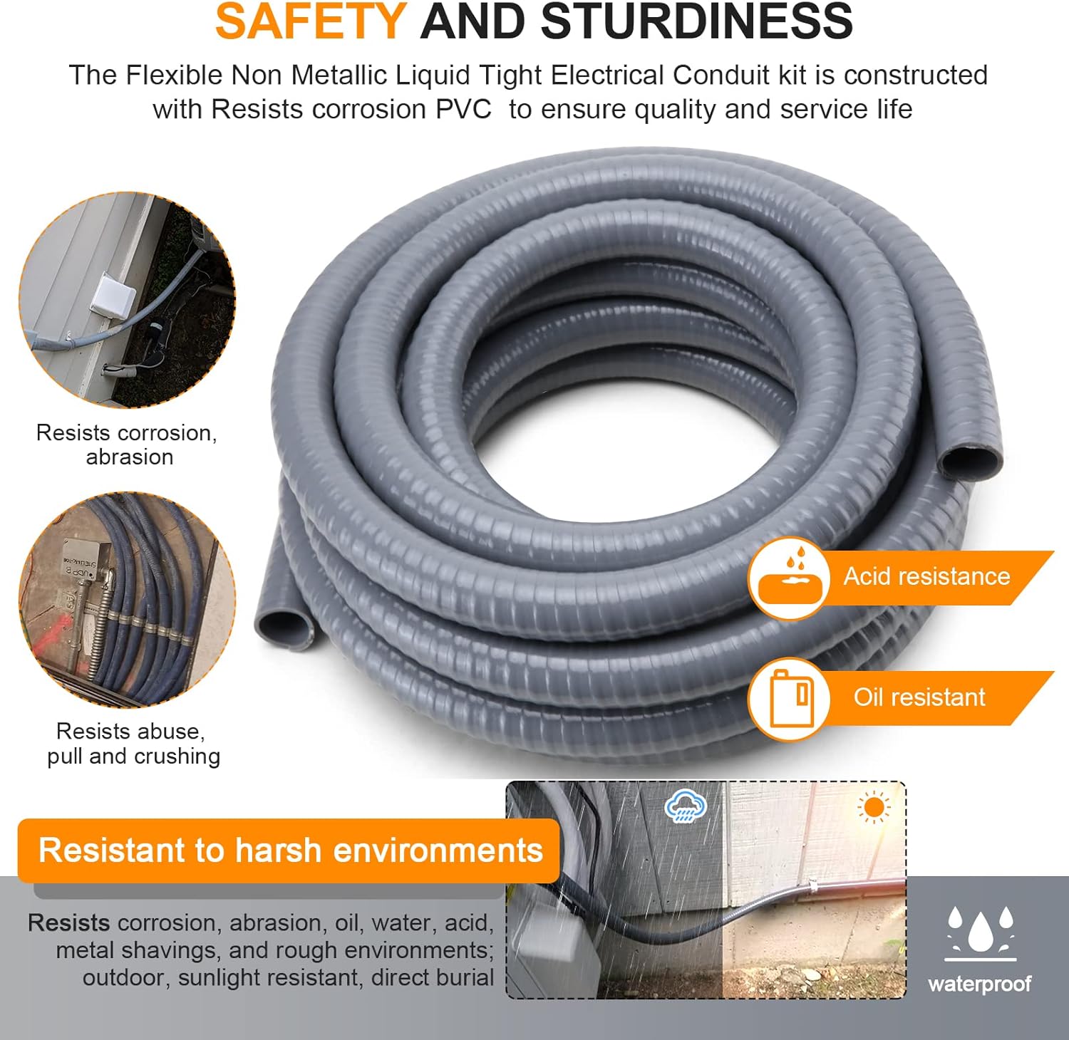 Liquid-Tight Conduit and Connector Kit,Flexible Non Metallic Liquid Tight Electrical Conduit,1/2inch 100ft Electrical Conduit Kit,with 5 Straight and 3 Angle Fittings Included,1/2 in. Dia Pack of 2