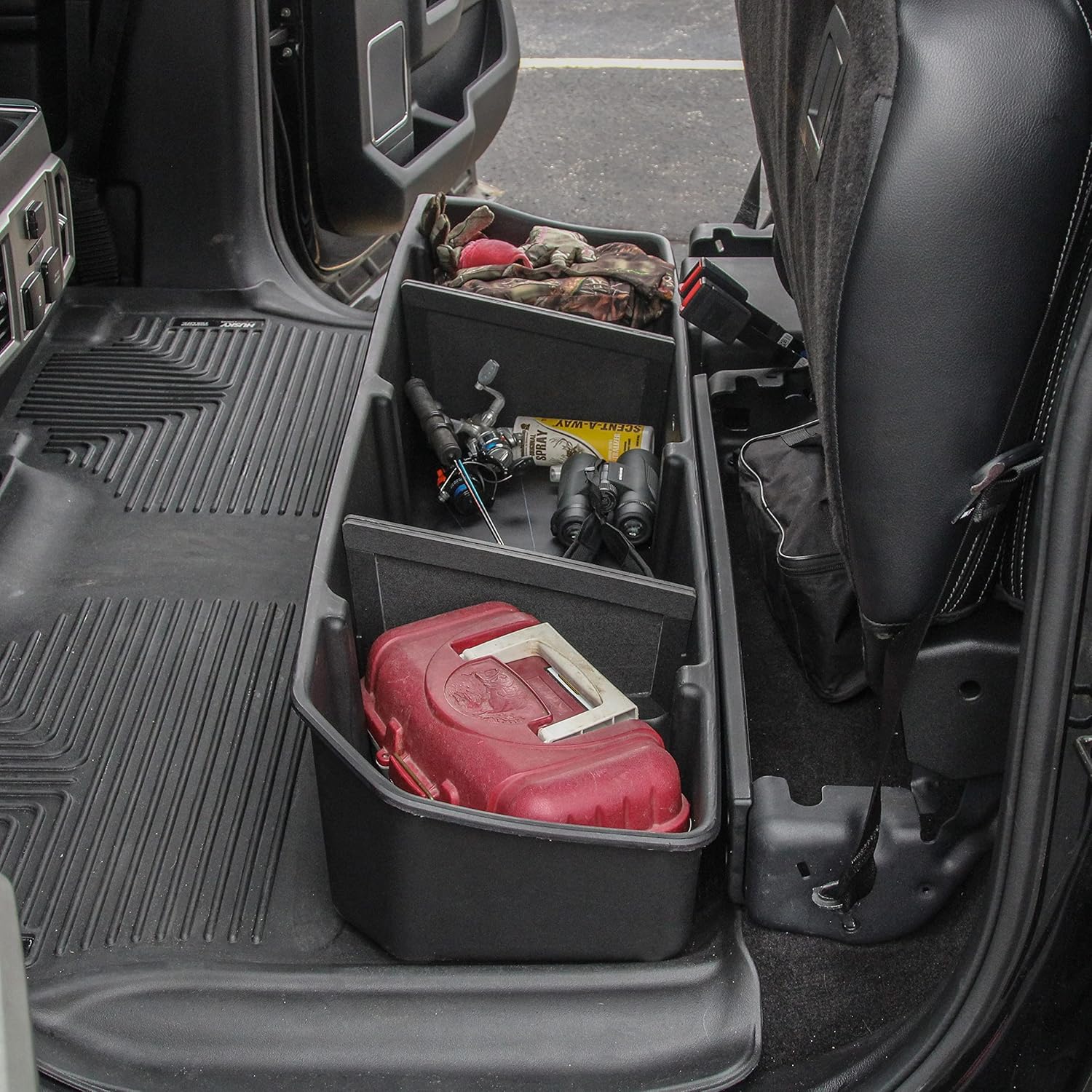 Red Hound Auto Under Seat Storage Box Compatible with Ford F-150 SuperCrew 2015-2022 and SuperDuty F-250 F-350 Crew Cab 2017-2022 Cab Without OEM Underseat Floor Mounted Flip-up Storage System