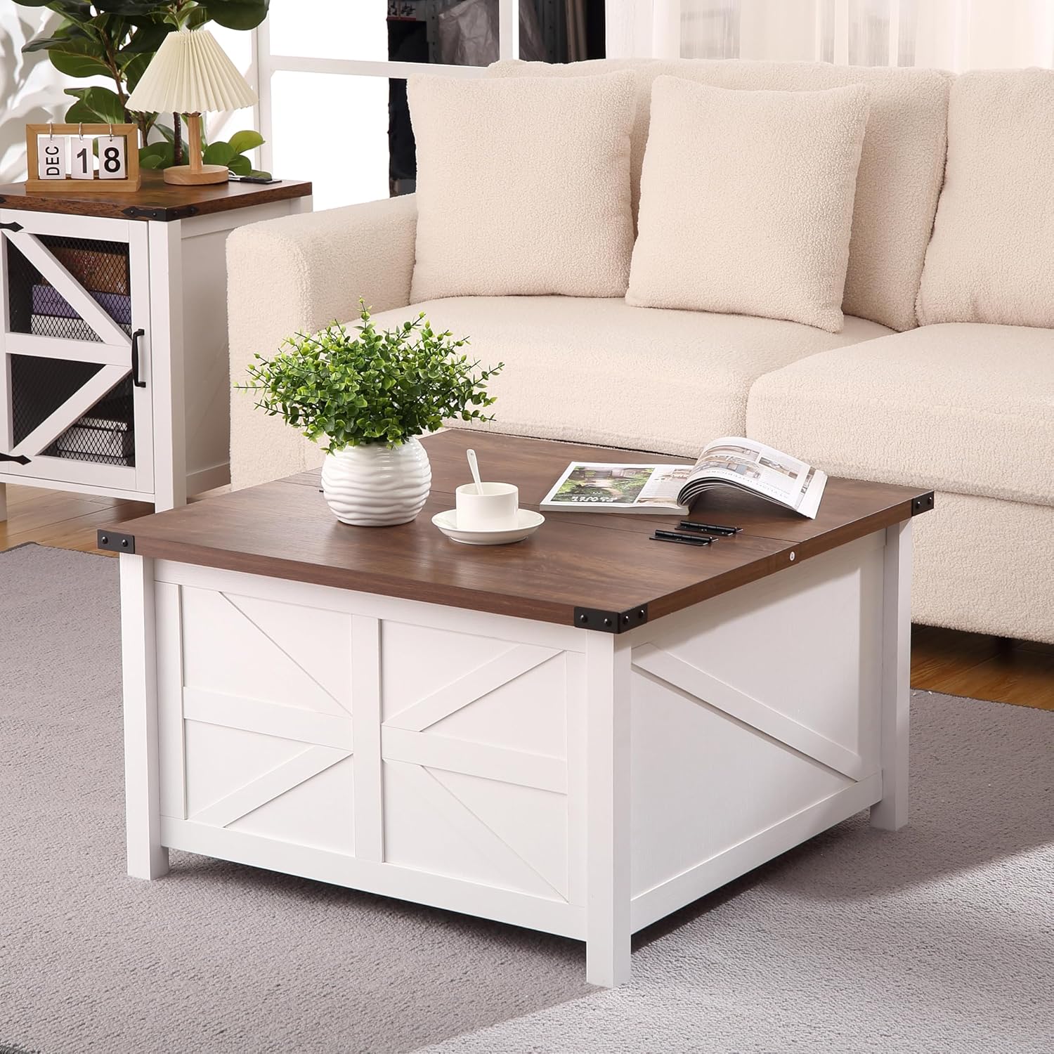 Farmhouse Square Coffee Table, Wood Center Table with Large Hidden Storage Compartment for Living Room, Rustic Cocktail Table with Hinged Lift Top for Living Room,Home Office