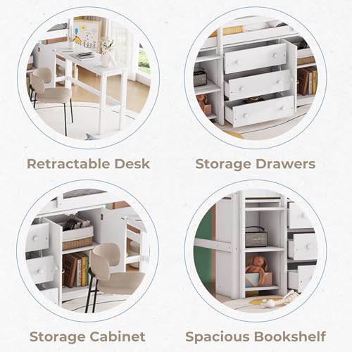 Full Size Platform Bed with Storage Headboard Bookcase, 2 Drawers Underneath and Charging Station, for Bedroom/Guest Room, White